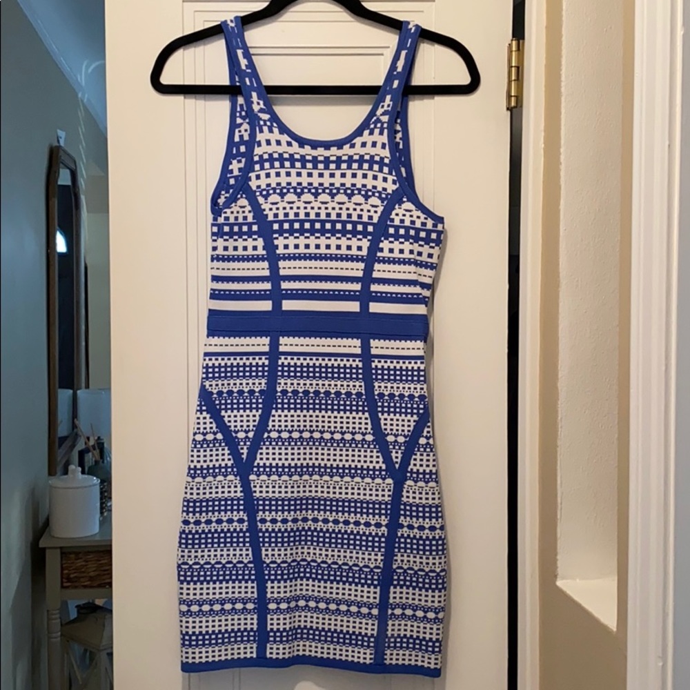 Blue and white bodycon knit dress